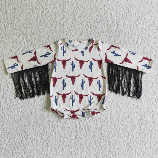 LR0051 Cow Skull Long Sleeve Tassels Baby Bummies Romper