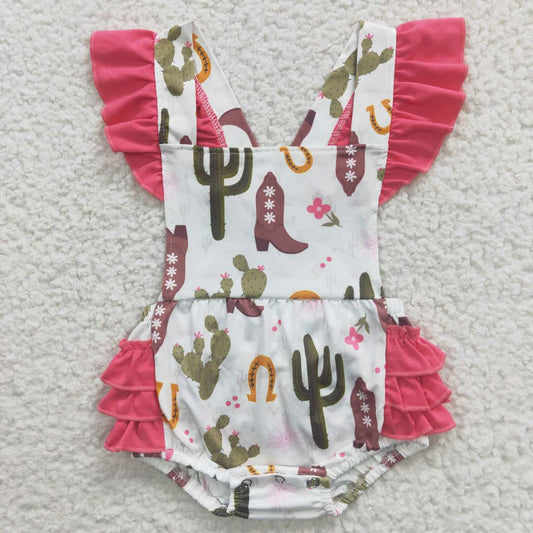 USA SHOP SR0384 Hot Pink Flutter Sleeve Boots Cactus Western Romper