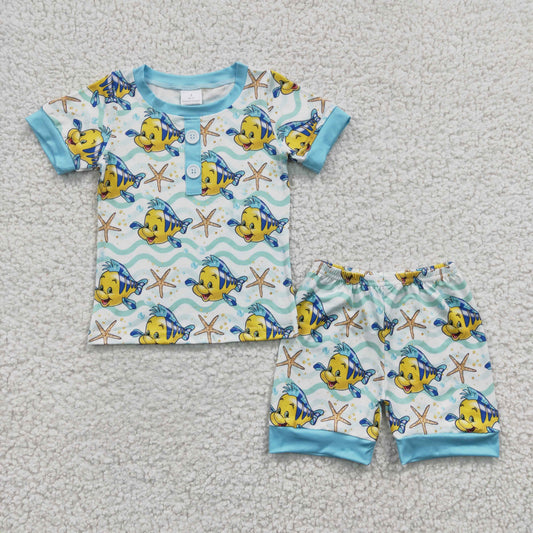 BSSO0114 Blue Short Sleeve Fish Cartoon Summer Boys Set