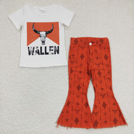 GSPO0481 Western Cow Skull Baby Girls Orange Denim Jeans Kids Outfits