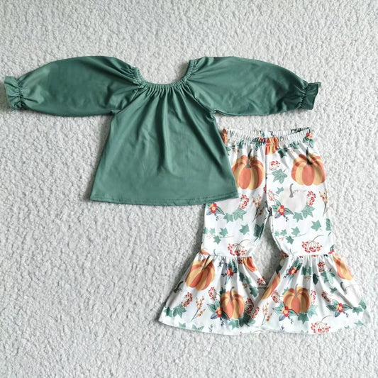GLP0014 Fall Green Off Shoulder Pumpkin Girls Set