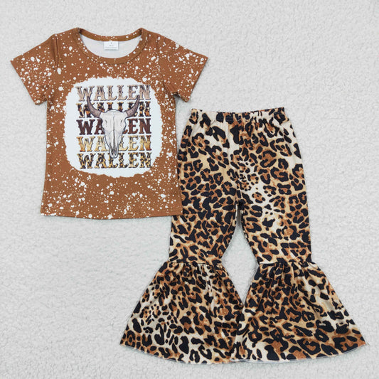 GSPO0592 Brown Bleach Cow Skull Western Leopard Print Girls Outfits