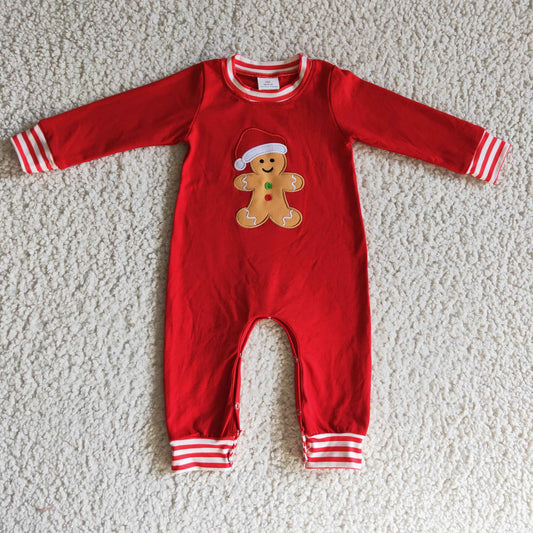 LR0195 Christmas Gingerbread Embroidery Red Kids Romper