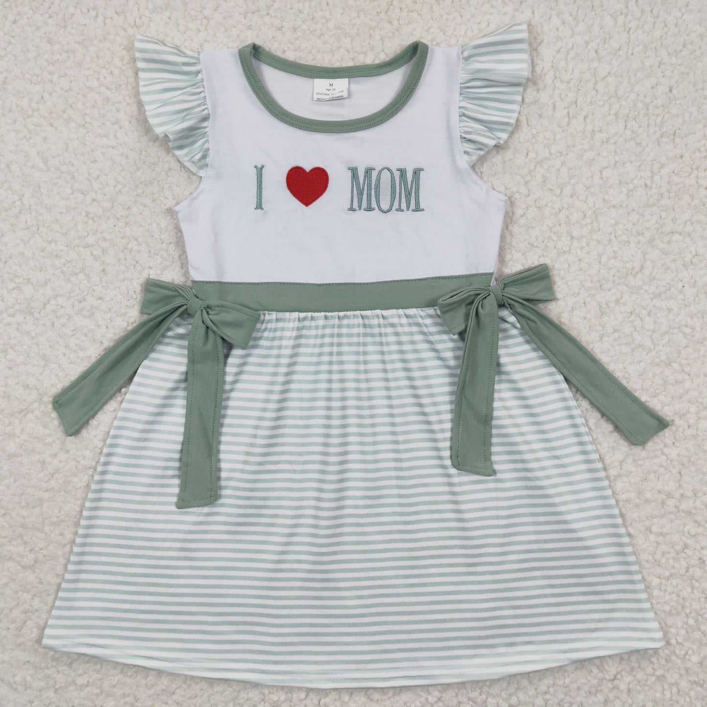 GSD0257 I Love Mom Green Striped Print Flutter Sleeve Embroidery Dress