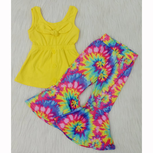 Yellow Sleeveless Tie Dye Bell-Pants Girls Outfits