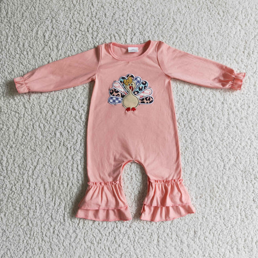 LR0146 Embroidery Pink Turkey Fall Girls Romper