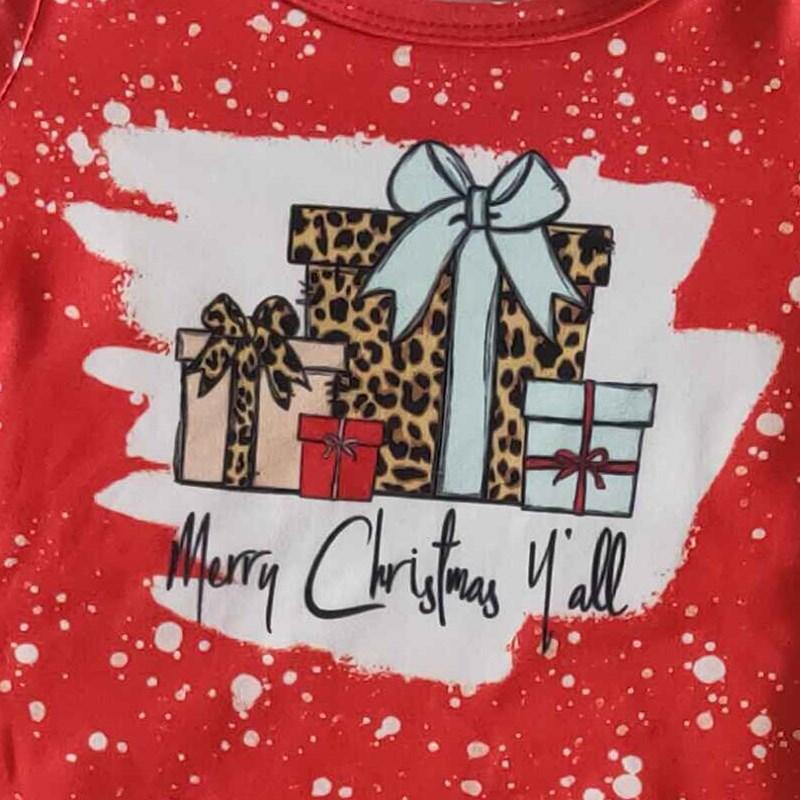 Christmas Gift Baby Girls Long Sleeve Red Bleach Design Leopard Print Kids Outfits