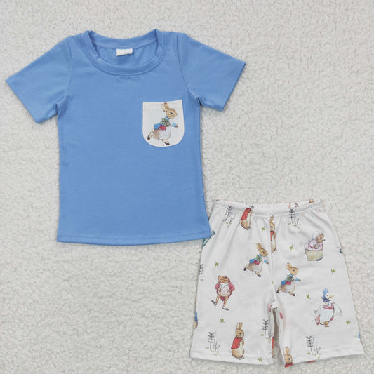 BSSO0115 Blue Short Sleeve Pocket Easter Bunny Boys Summer Set
