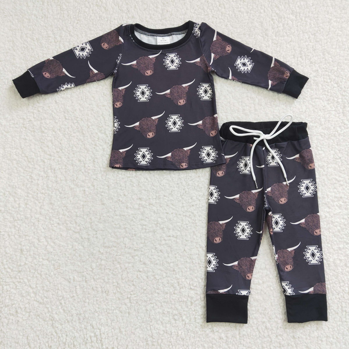 BLP0153 Western Aztec Highland Cow Black Long Sleeve Pants Boys Pajamas