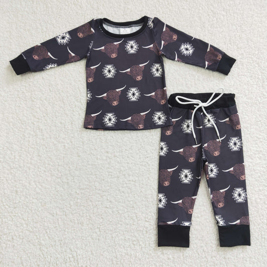 BLP0153 Western Aztec Highland Cow Black Long Sleeve Pants Boys Pajamas
