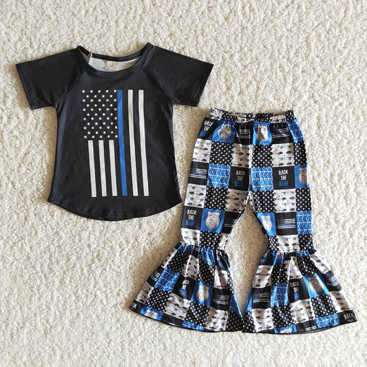 Blue And Black Flag Short Sleeve Girls Cool Outfits