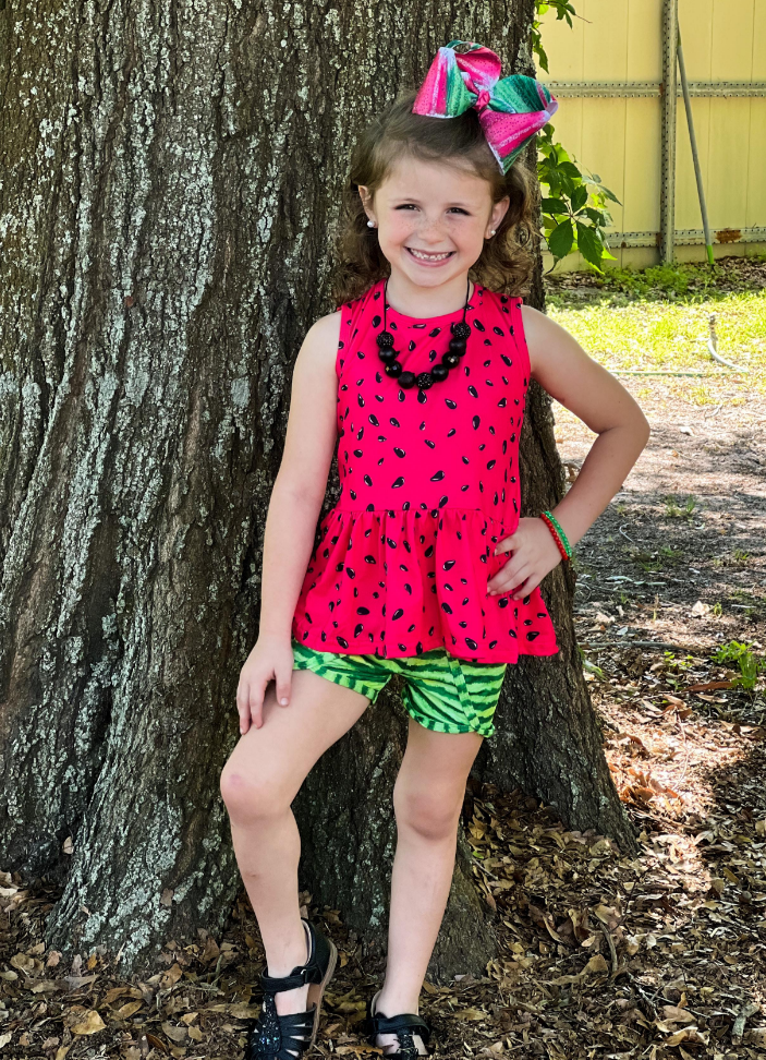 GSSO0192 Watermelon Red Green Striped Print Shorts Girls Summer Set