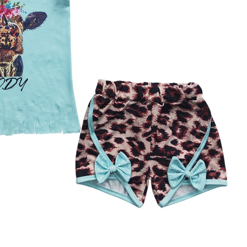 GSSO0197 Moody Blue Flutter Sleeve Leopard Print Shorts Girls Set