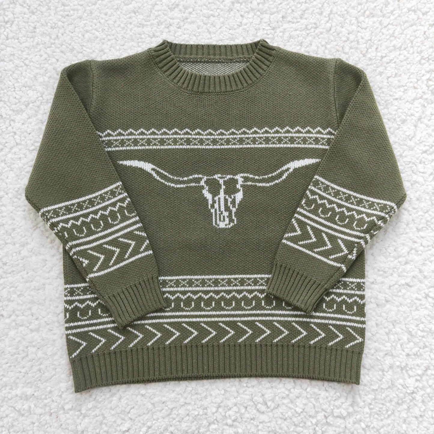 BT0178 Green Boys Cow Skull Sweater