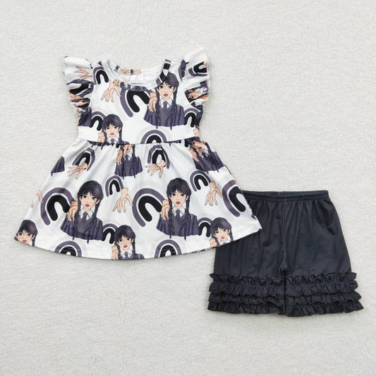 GSSO0259 Cartoon Fashion Black Flutter Sleeve Shorts Girls Set