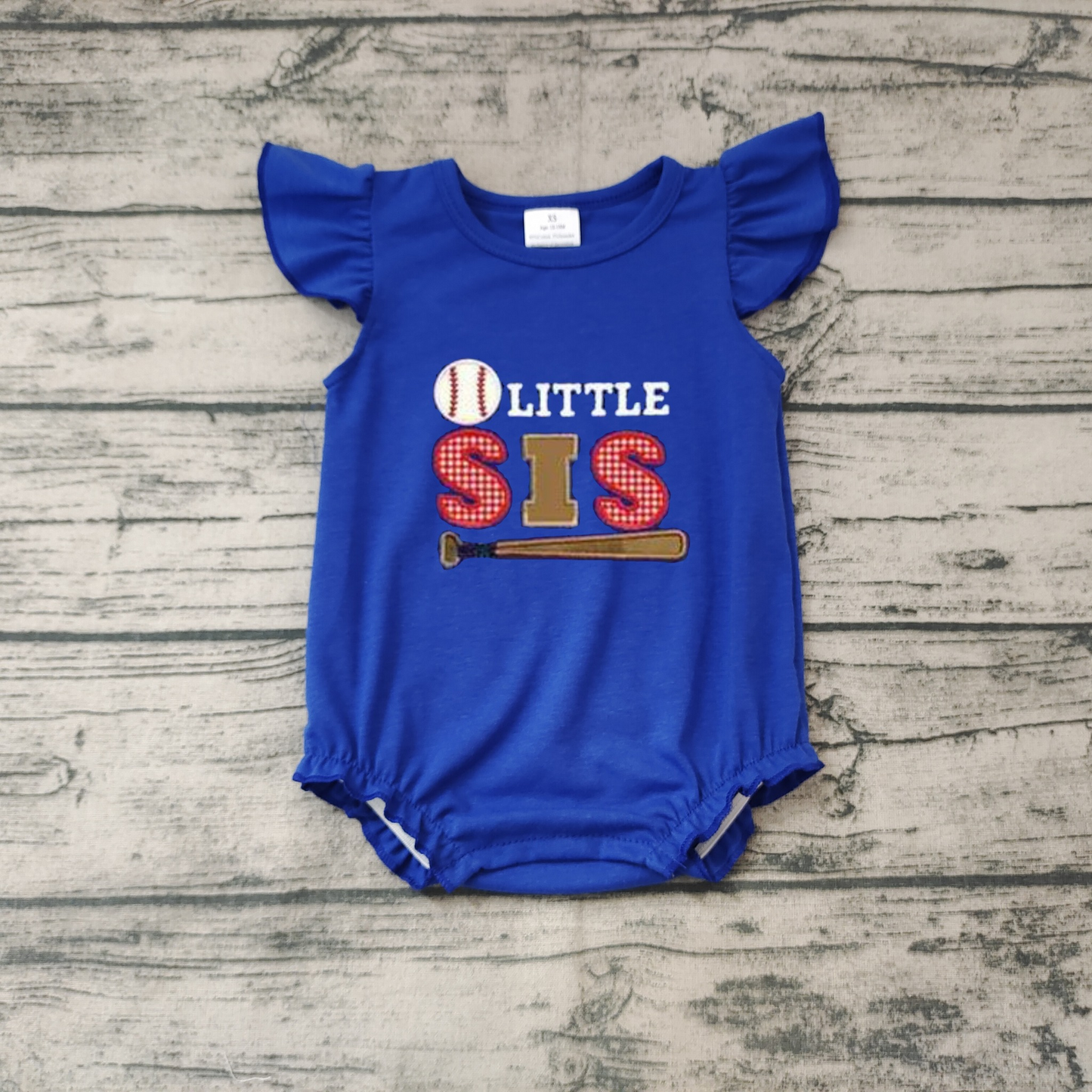 SR0290 Little Sis Blue Embroidery Baby Girls Baseball Romper