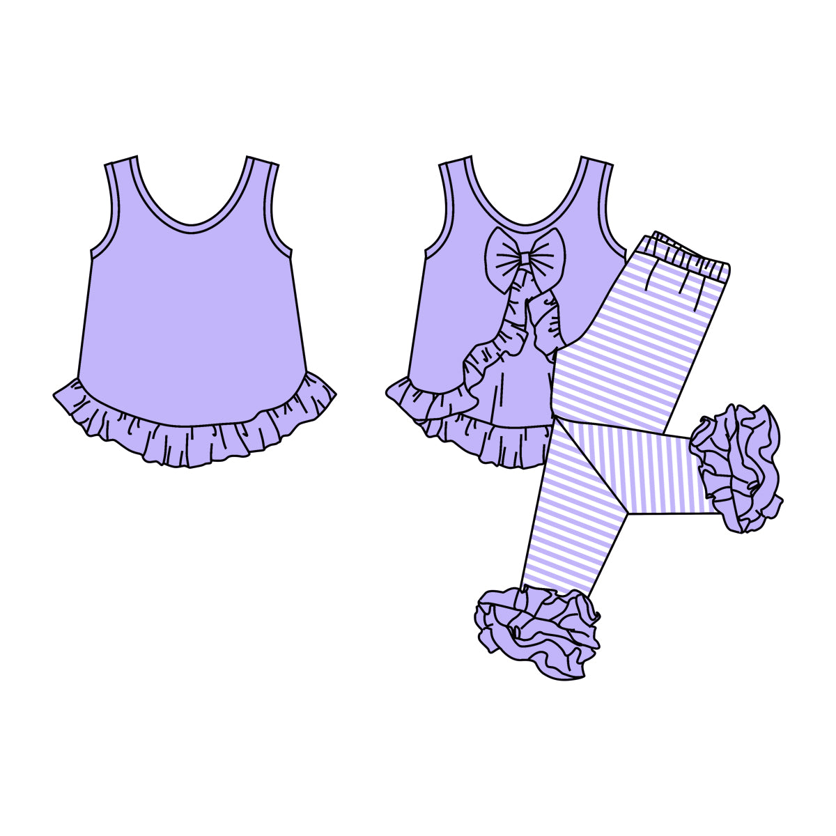 GSPO0506 Purple Bow Ruffle Sleeveless Striped Print Pants Girls Set