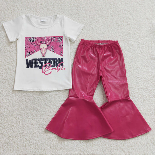 GSPO0453 Western Pink Cow Skull Leather Pants Kids Outfits