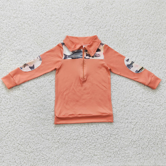 BT0128 Orange Long Sleeve Fishing Zipper Boys Pullover