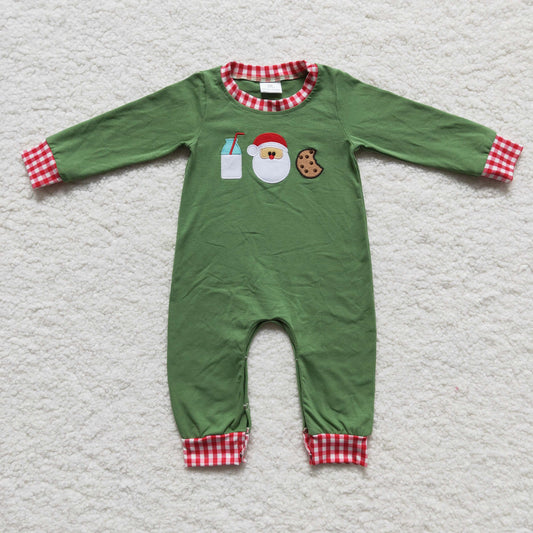LR0232 Christmas Green Milk Santa Cookie Embroidery Boys Romper