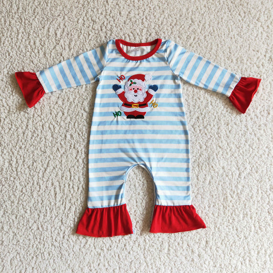 LR0120 Christmas Embroidery Santa Blue Striped Print Romper