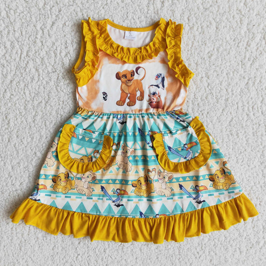 Cartoon Baby Girls Lion Pockets Kids Dress