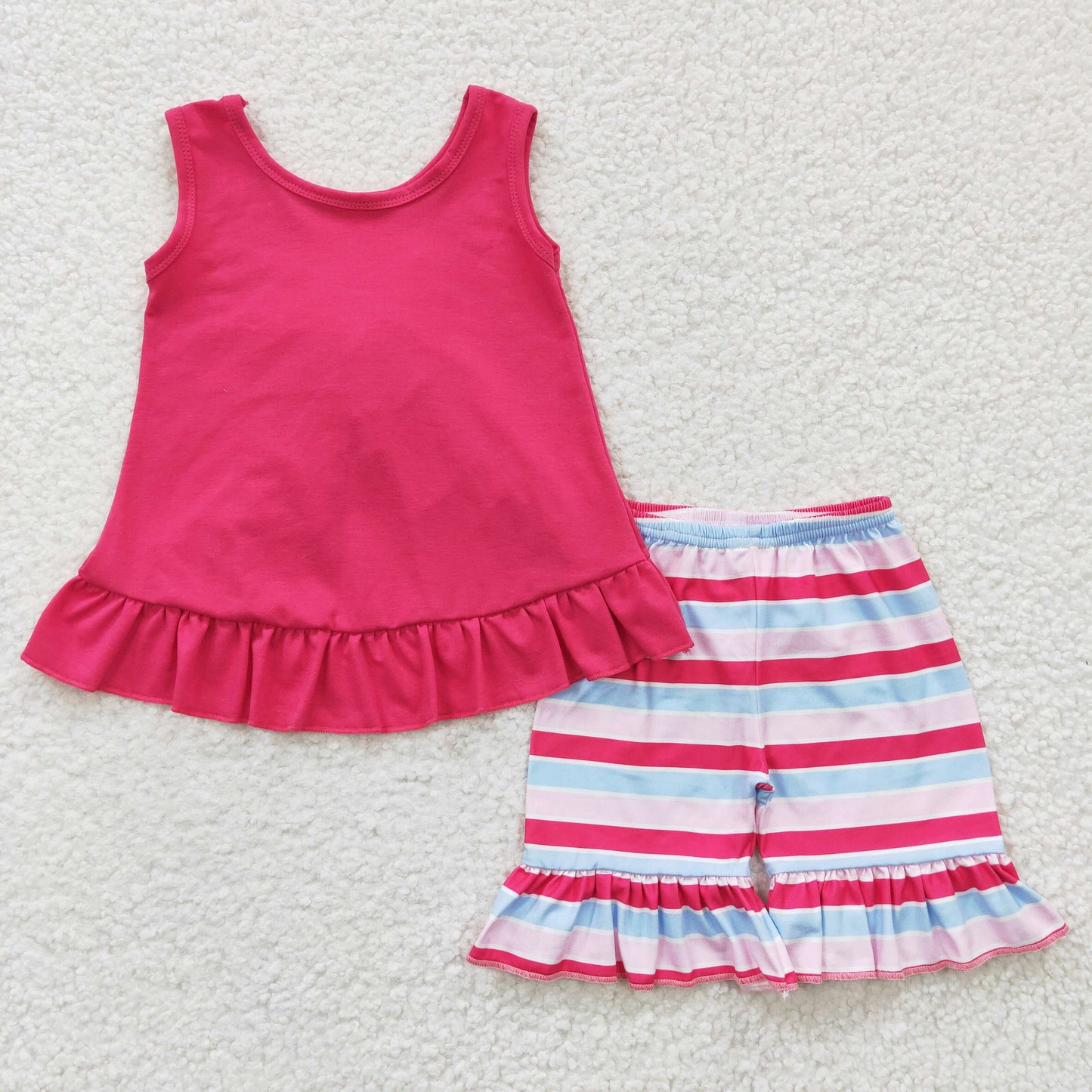 GSSO0209 Hot Pink Bow Ruffle Striped Print Shorts Summer Girls Set