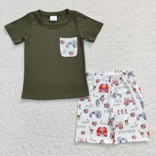BSSO0131 Green Short Sleeve Pocket Farm Boys Summer Set