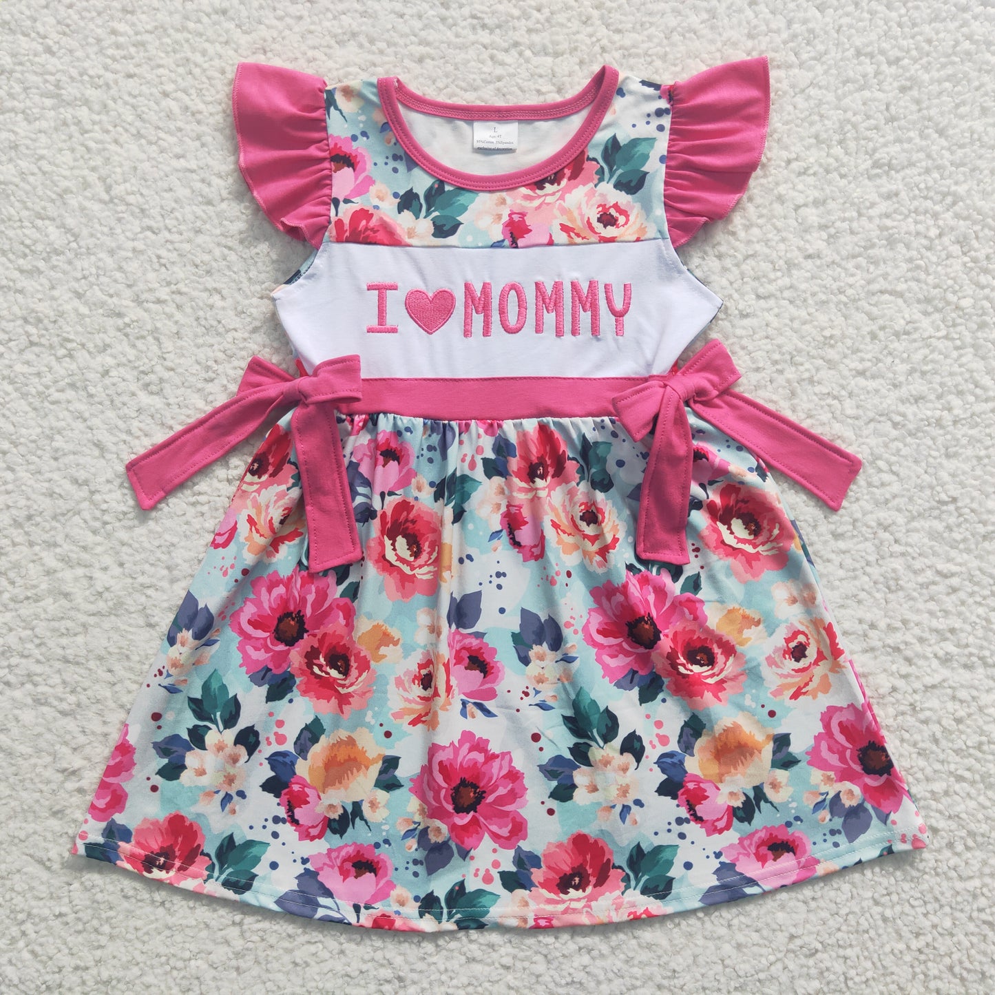 GSD0263 Hot Pink Flutter Sleeve I Love Mommy  Flower Baby Girls Dress
