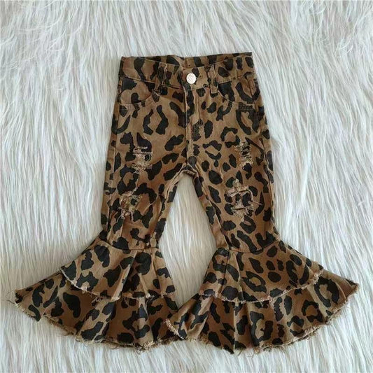 Fashion Baby Girls Leopard Print Ruffles Hot Sale Kids Denim Jeans