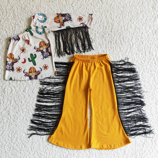 Gspo0142 Western cow cactus tassels long sleeve yellow tassels pants girls set