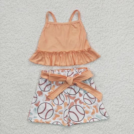 GSSO0172 Orange Summer Sleeveless Baseball Girls Shorts Set