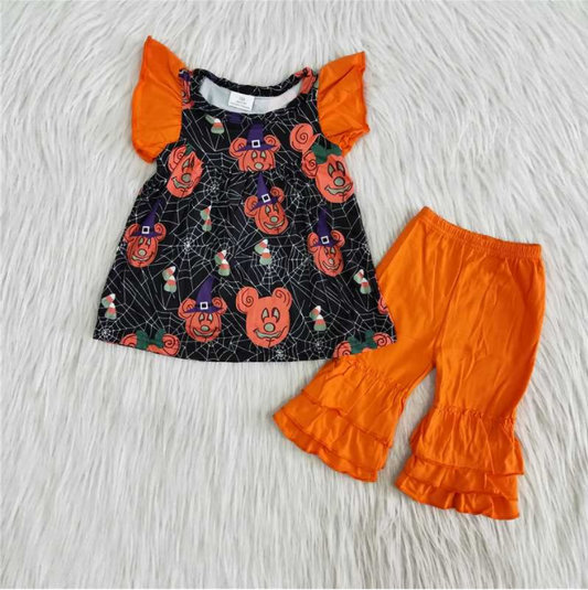 Flutter Sleeve Halloween Cartoon Dress Tunic Top Match Ruffles Cotton Capri Kids Sets