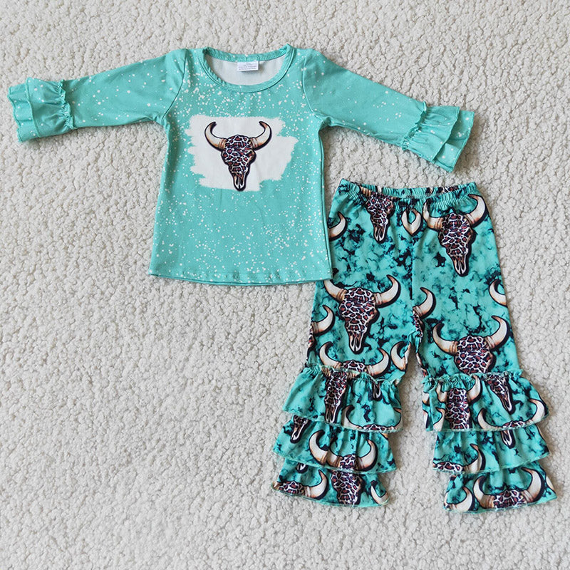 6 B3-2 Long Sleeve Blue Bleach Design Cow Skull Kids Set