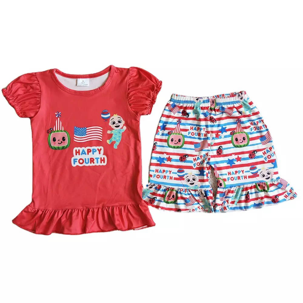 4th Of July Red Cartoon Melon Baby Girls Fashion Set