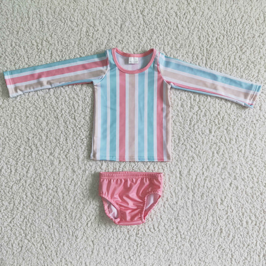 S0020 Striped Print Pink Casual Kids Bathing Suits Swimsuits