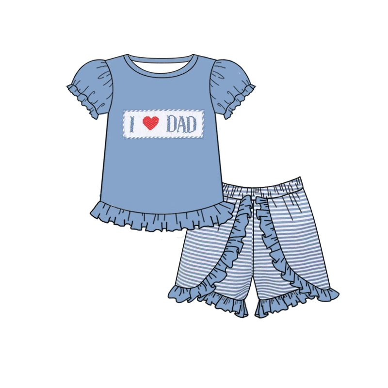 GSSO0187 Blue I Love Dad Striped Print Embroidery Girls Shorts Baby Girls Set