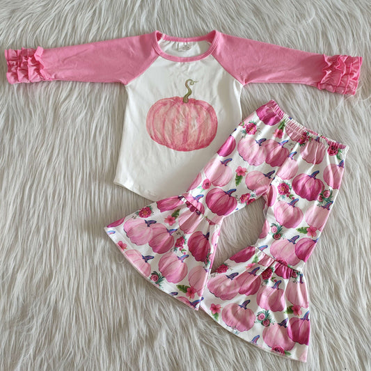 6A8-30 Pink Long Sleeve Casual Tunic Match Pumpkin Print Bell-bottom Pants Sets