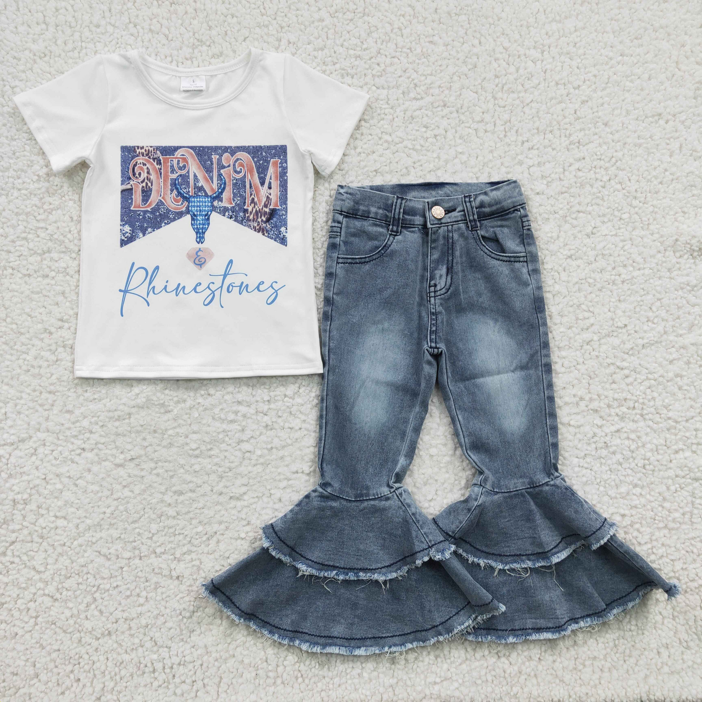 GSPO0531 Western Cow Skull Short Sleeve Denim Jeans Baby Girls Set