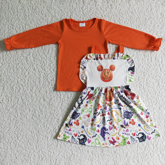GLD0033 Orange Cartoon Halloween Pumpkin Skirts Dress Set