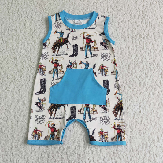 SR0043 Western Blue Pocket Boys Romper
