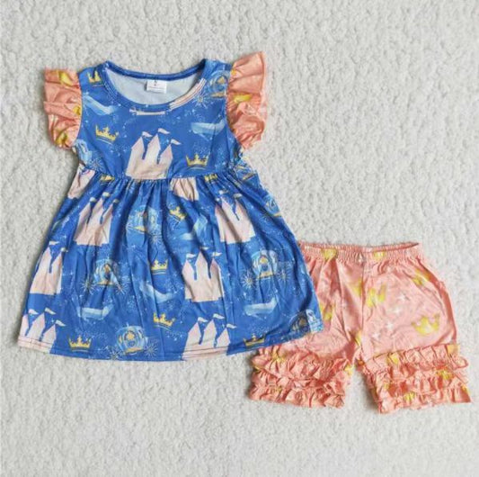 B9-21 $2.99 Crown Blue Pink Flutter Sleeve Cartoon Girls Set