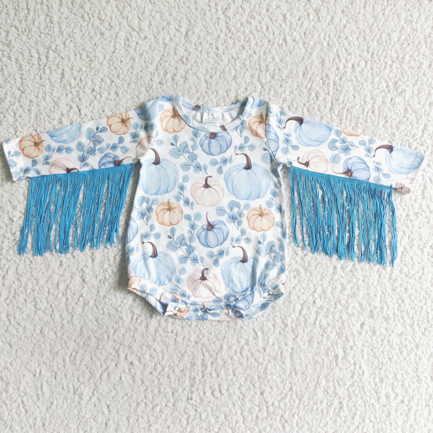 LR0047 Blue Pumpkin Tassels Baby Romper