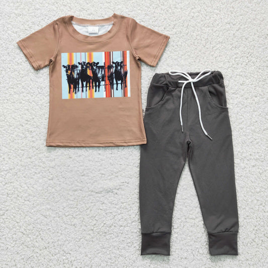 BSPO0064 Cow Brown Short Sleeve Gray Pants Boys Outfits