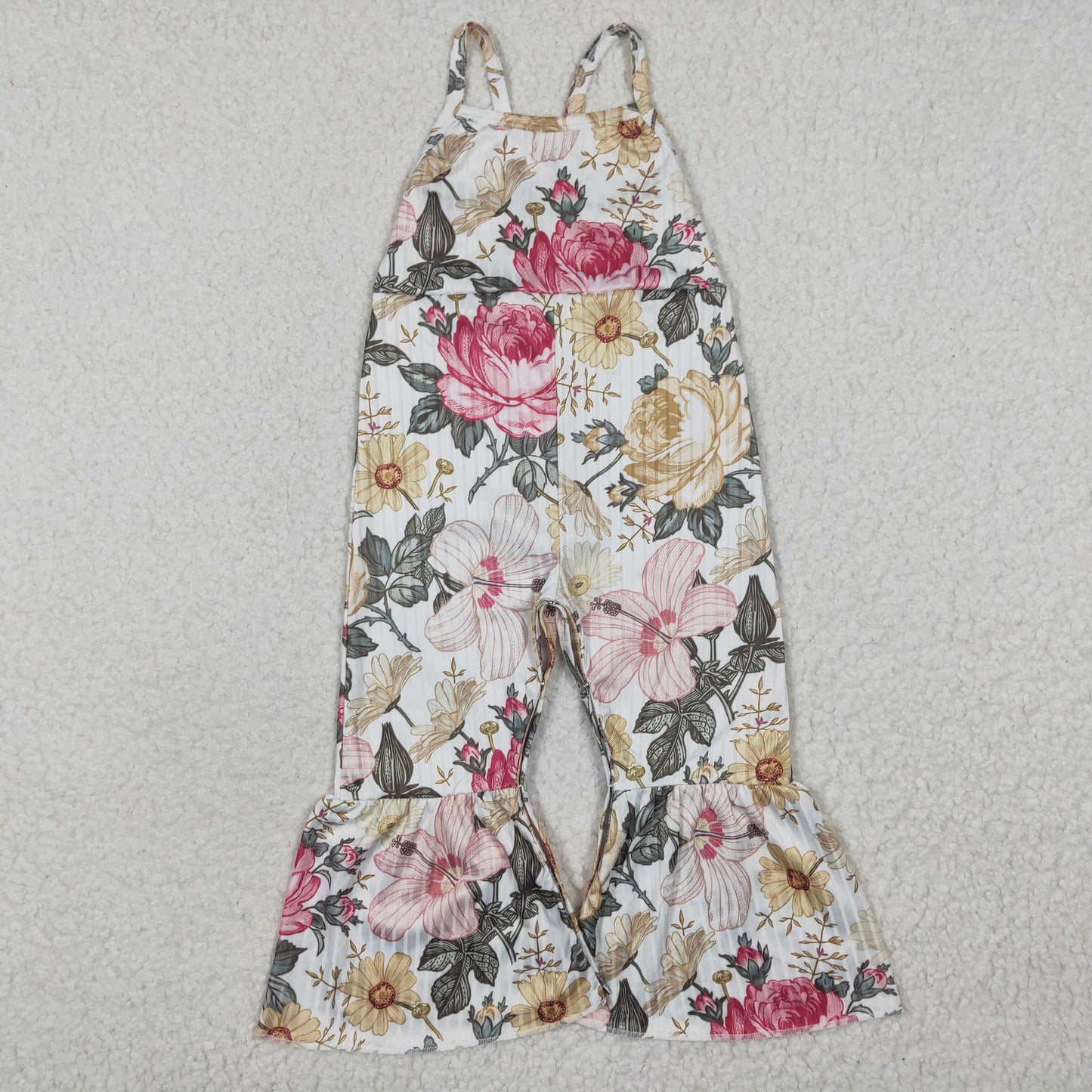 SR0248 Ribbed Flower Sleeveless Flower Print Baby Girls Jumpsuits