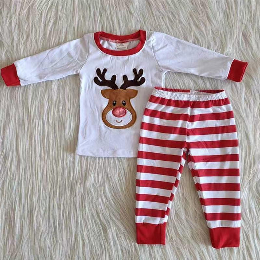 White Cotton Long Sleeve Christmas Deer Striped Print Pajamas