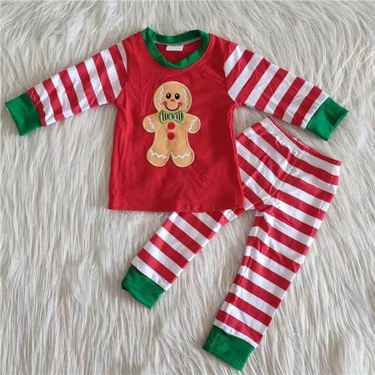 Embroidery Gingerbread Boys Cute Striped Print Sleeve Christmas Pajamas