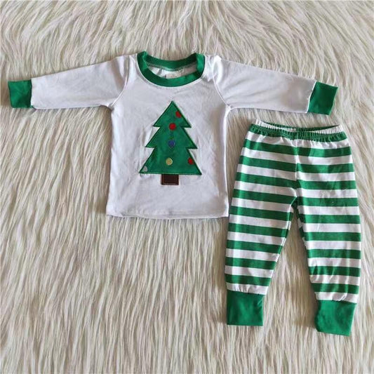 Green Popular Striped Print Christmas Tree Embroidery Casual Boys Pajamas
