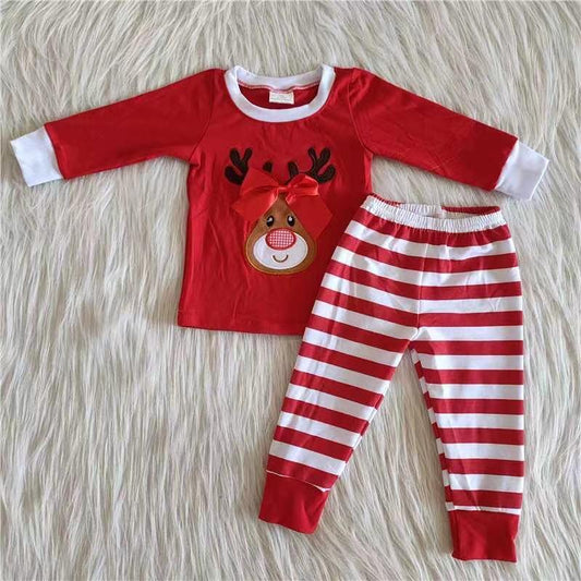 Christmas Embroidery Deer Red Bow Cotton Girls Pajamas