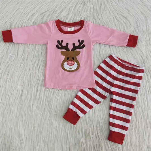 Christmas Deer Pink Kids Wear Cotton Striped Print Pajamas
